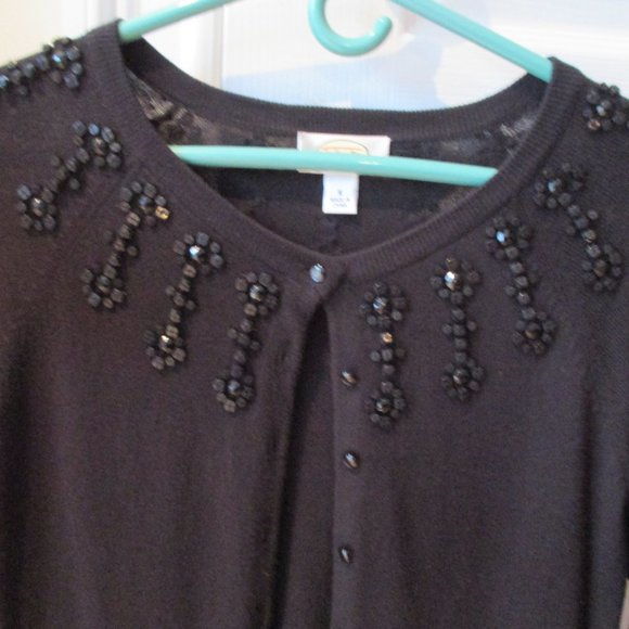 NWOT Talbot's Black Beaded Dress Cardigan, Silk/Cotton/Cashmere Petite Small - Picture 3 of 10